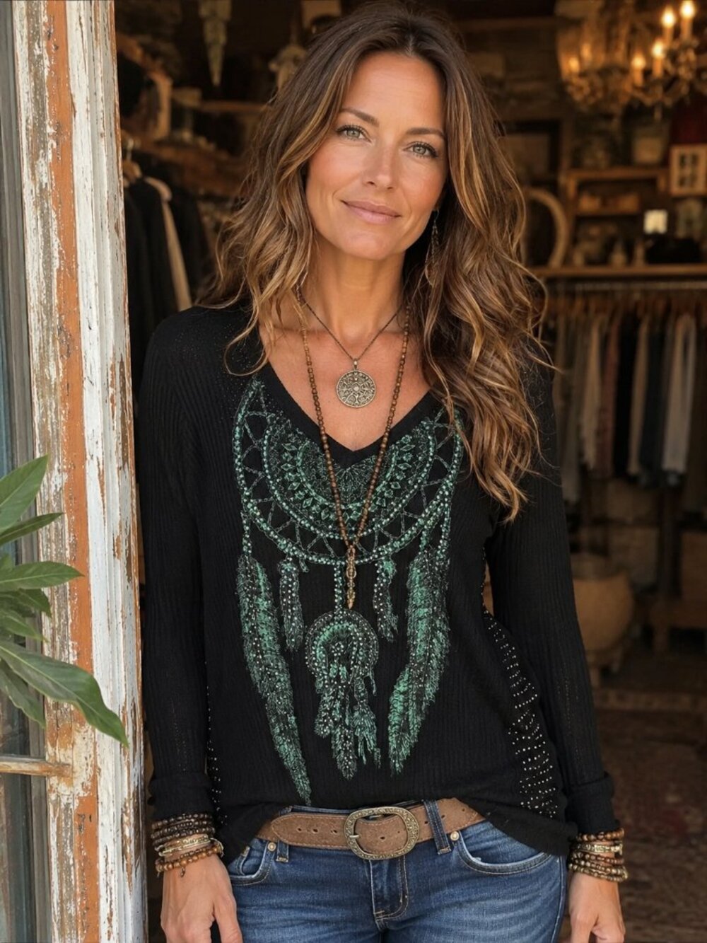 Vocal Black Knit Top with Teal Dreamcatcher Graphic